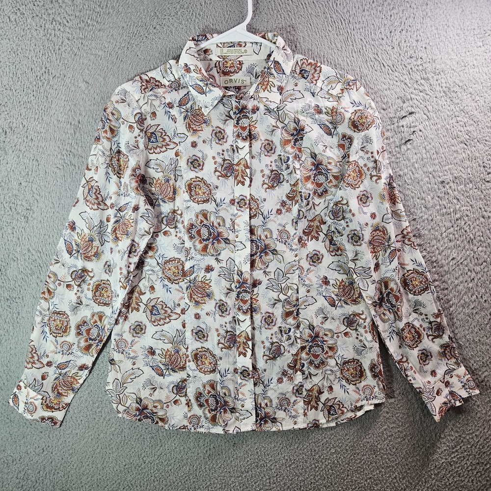 Orvis Lightweight Shirt Women Size 12 Geometric Print White Brown Tone